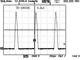 テレビの水平出力のコレクタパルス電圧のオシロスコープ波形